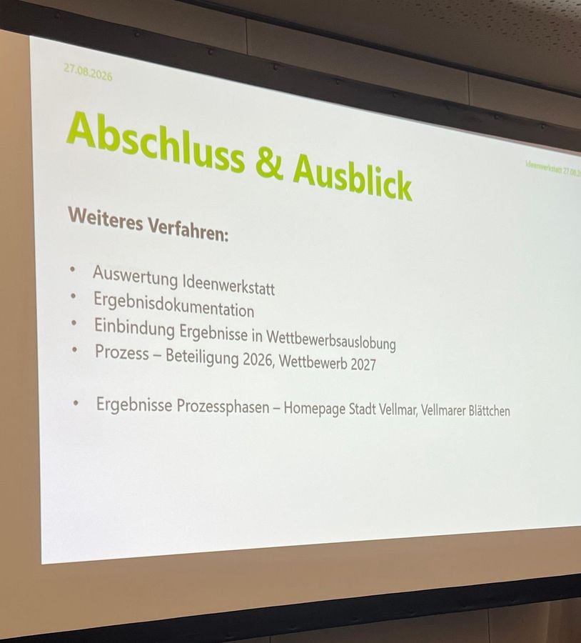 Präsentationsfolie Abschluss und Ausblick mit den nächsten Schritten des Beteiligungs- und Wettbewerbsverfahrens