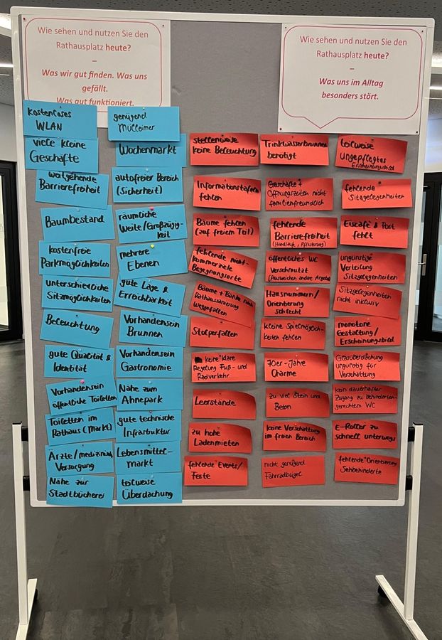 Tafel der Ideenwerkstatt mit blauen Karten für positive Aspekte und roten Karten für Kritik am Rathausplatz